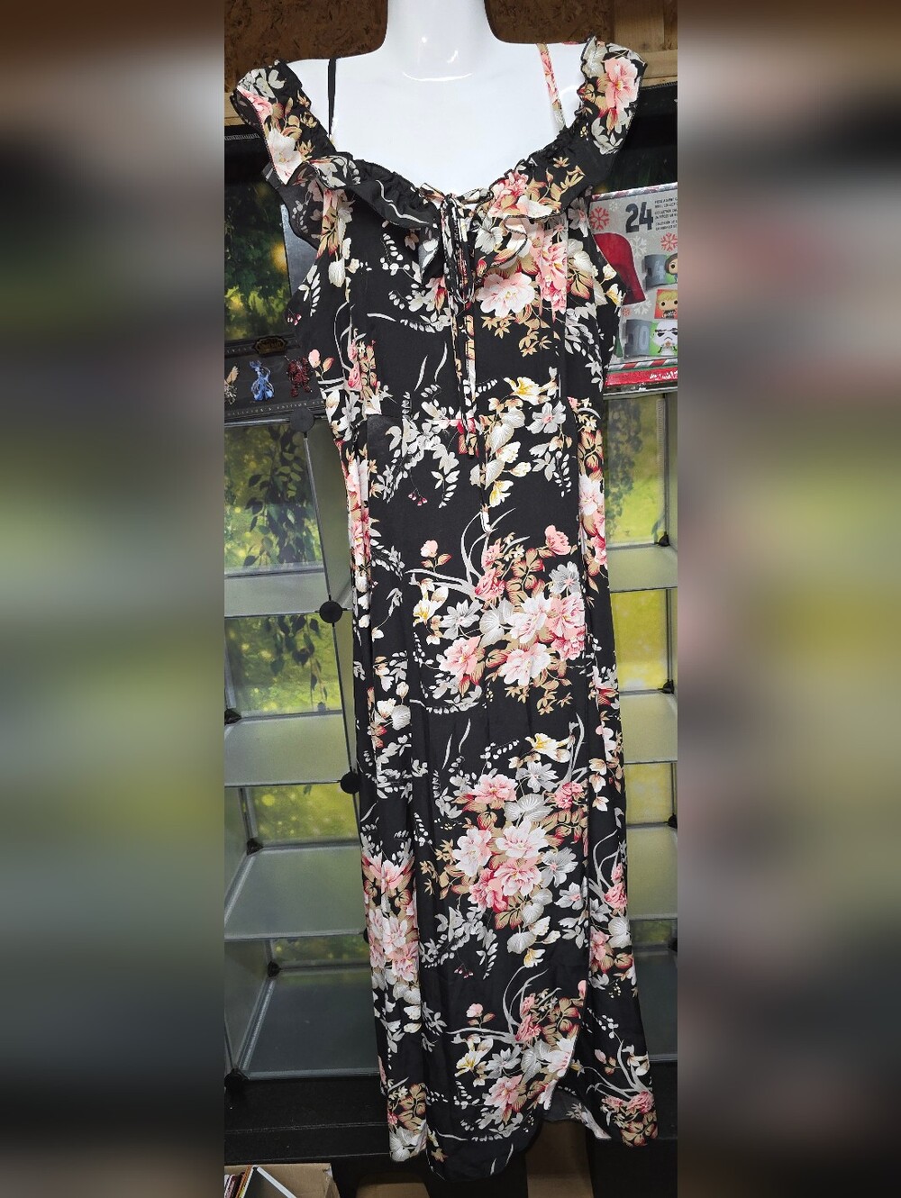 #73 Black Floral Maxi Dress with Pink & Cream Blooms